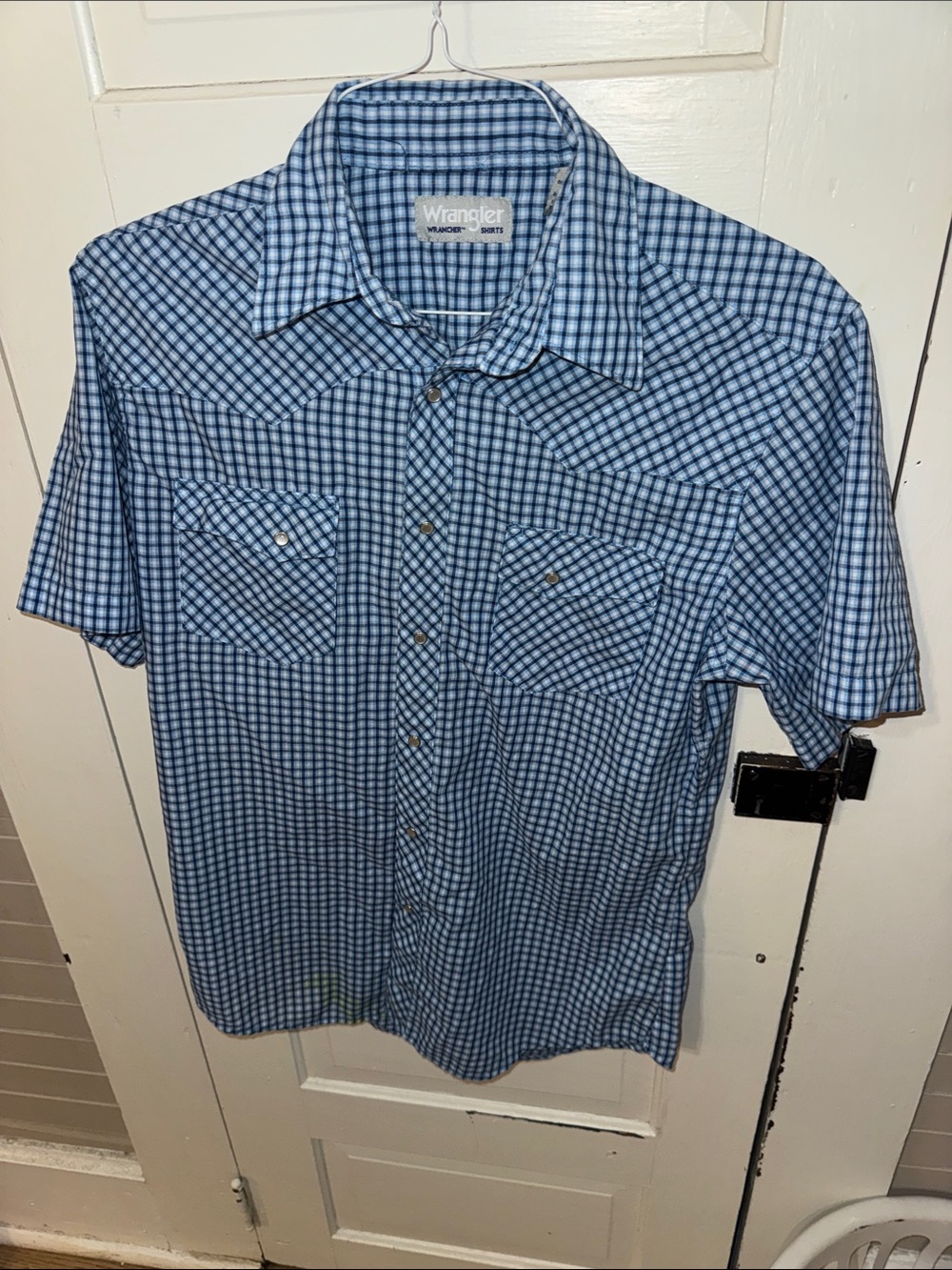 Wrangler Wrancher Light Blue Gingham Short-Sleeve Button-Down Shirt M Pearl Snap